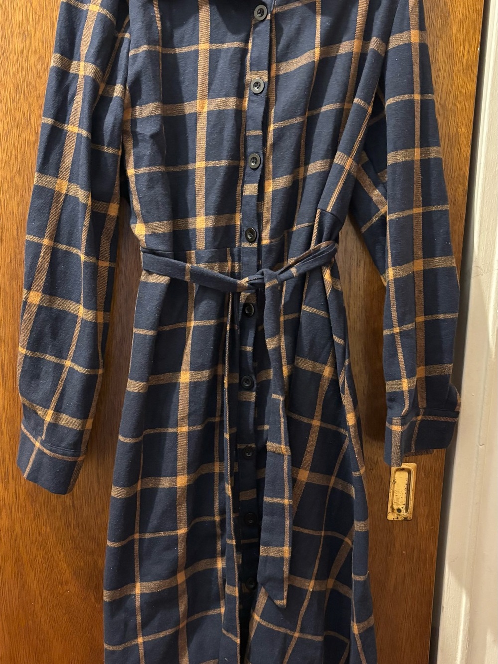 Women’s Navy Plaid Button-Front Belted Coat